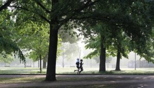 公園の中をジョギングする二人